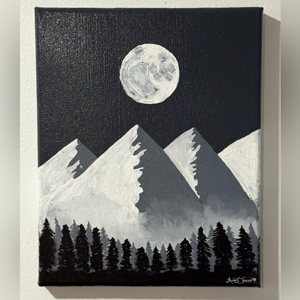 Silent Peaks: Black and White Mountain Landscape Painting- 8x10 in